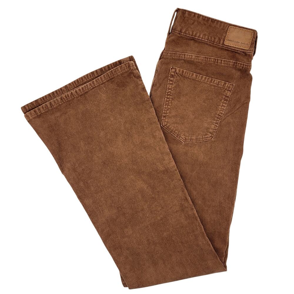 American Eagle Super Hi-Rise Flare Corduroy Pants 10 Brown Patch Pocket 70s Fall